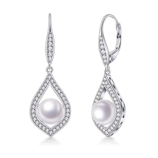 18K White Gold Freshwater Lever Back Teardrop White Pearl 8Mm with Created Sapphire Earrings Plated